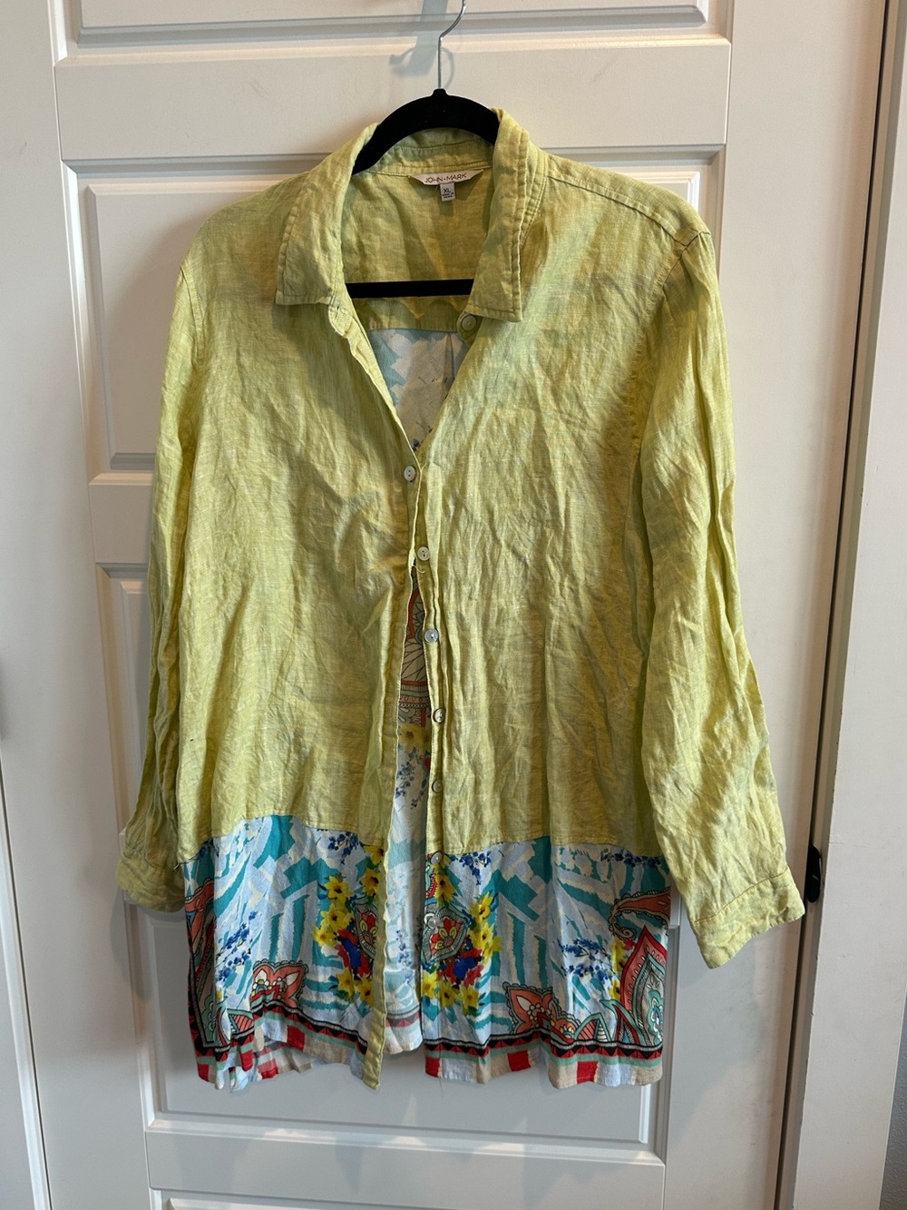 John Mark XL Linen Blend Tunic Shirt Paisley Floral Colorblock Roll Tab Sleeve